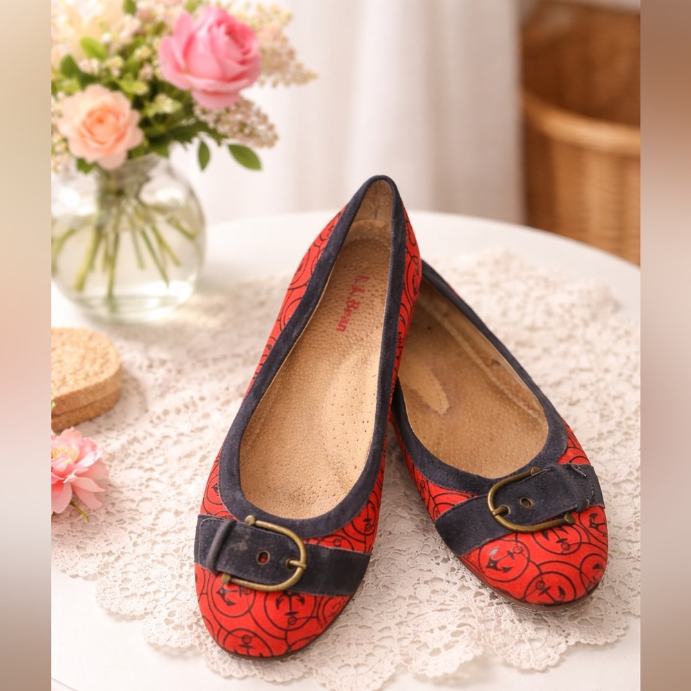 L.L. Bean Red Navy Anchor Print Ballet Flats Buckle Accent Nautical Shoes 7.5M